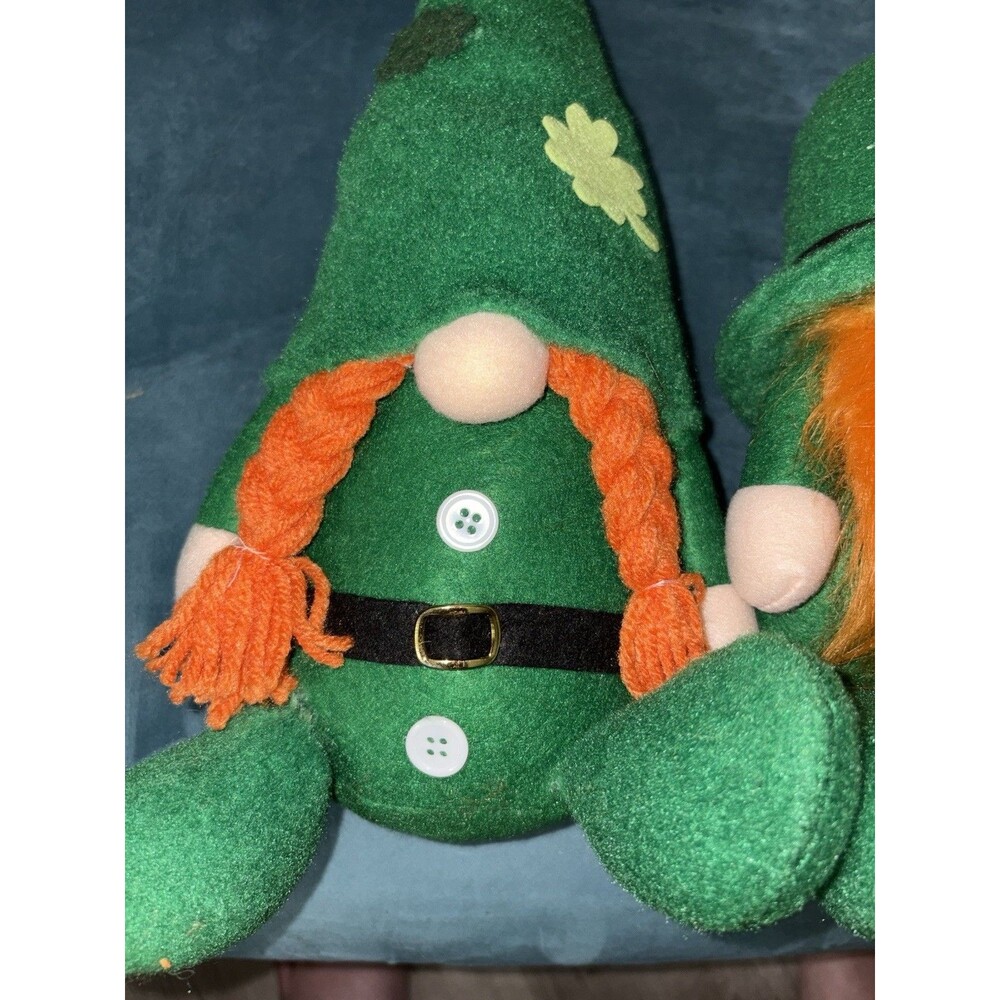 Green Irish Gnome Plush Dolls with Orange Hair, Shamrock Decor, Set of 2